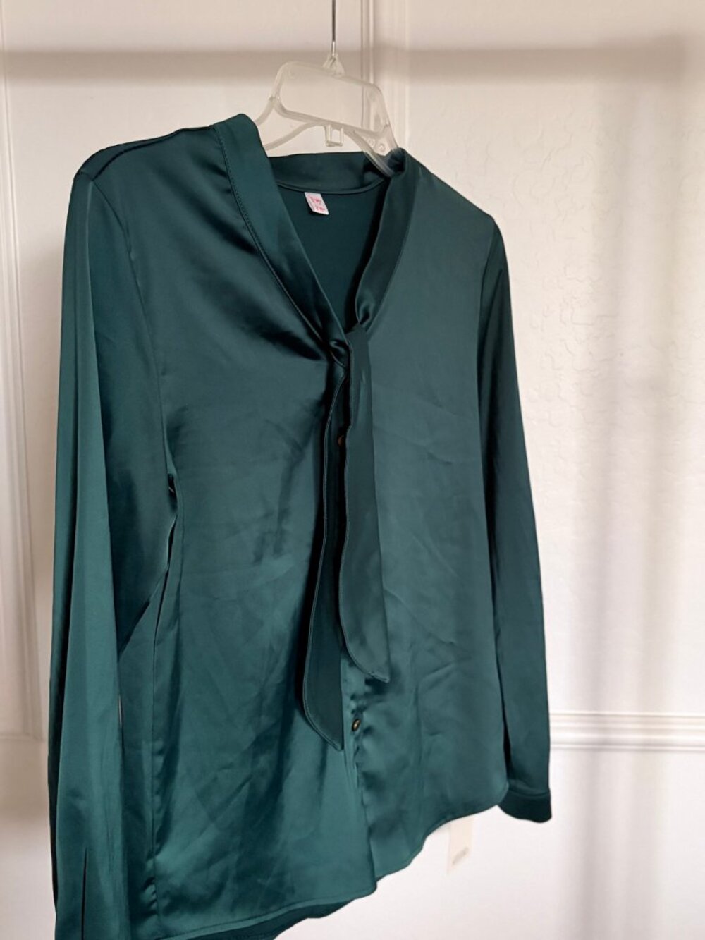 NWOT Dark Green Satin Tie Neck Blouse size M